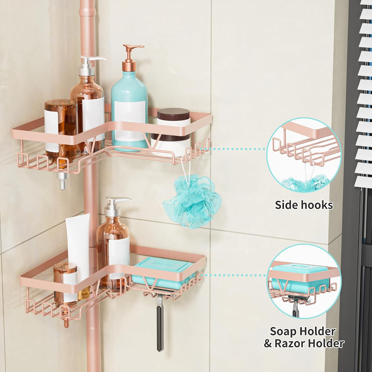 Corner Shower Caddy Tension Pole, Bathroom Organizer, Blush Nude