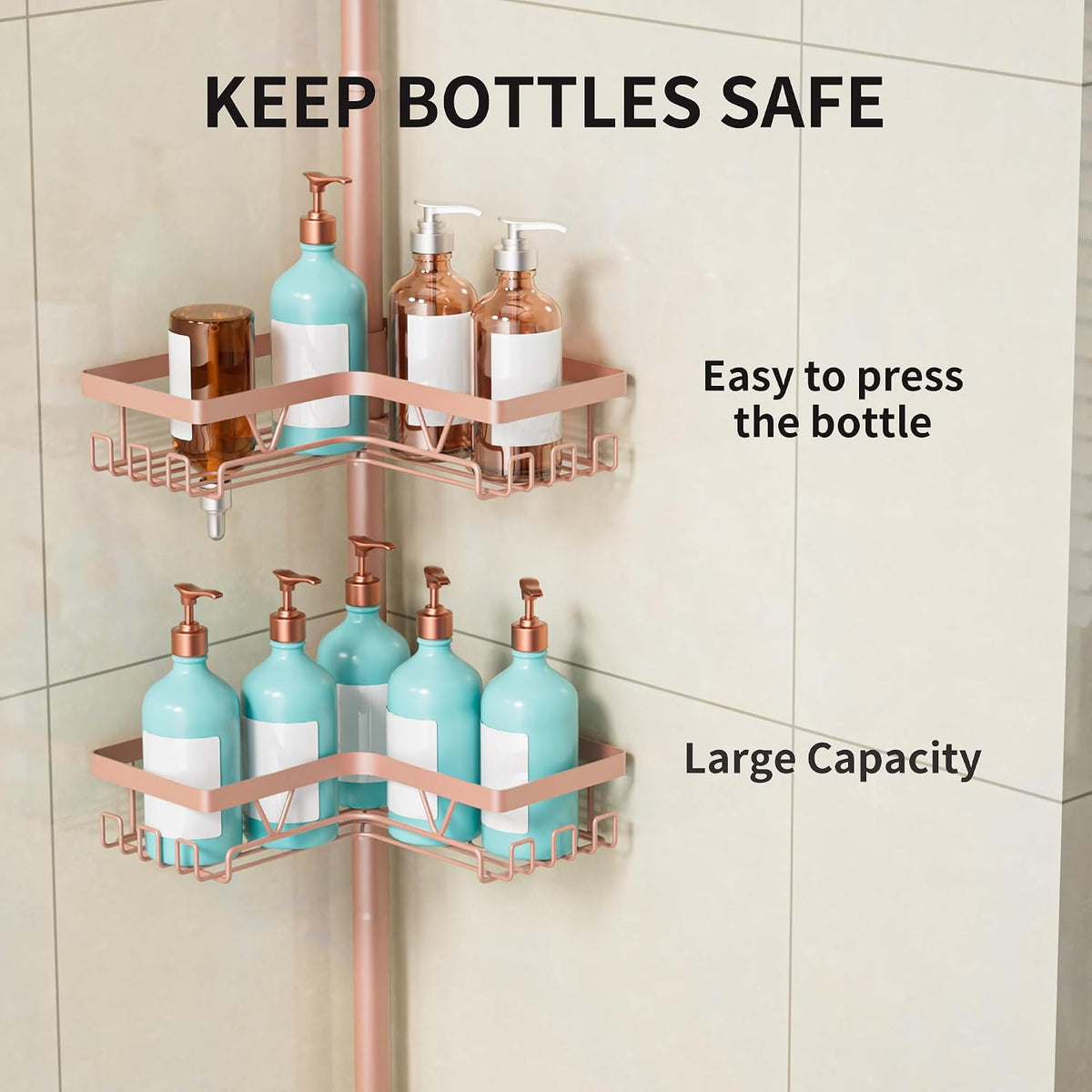 Corner Shower Caddy Tension Pole, Bathroom Organizer, Blush Nude