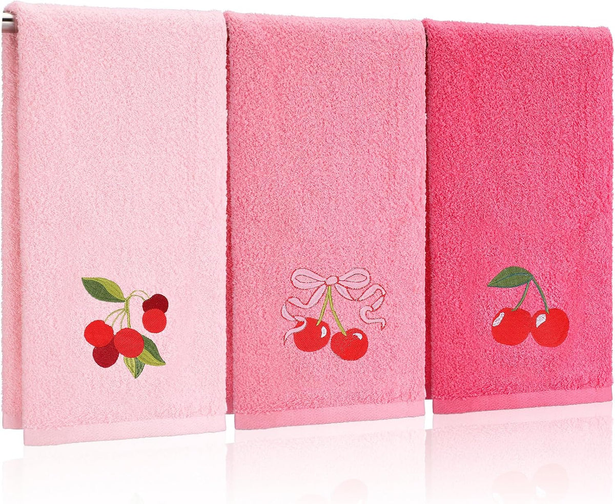 3 Pcs Pink Embroidered Hand Towels, Cotton Cherry