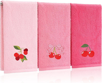 3 Pcs Pink Embroidered Hand Towels, Cotton Cherry