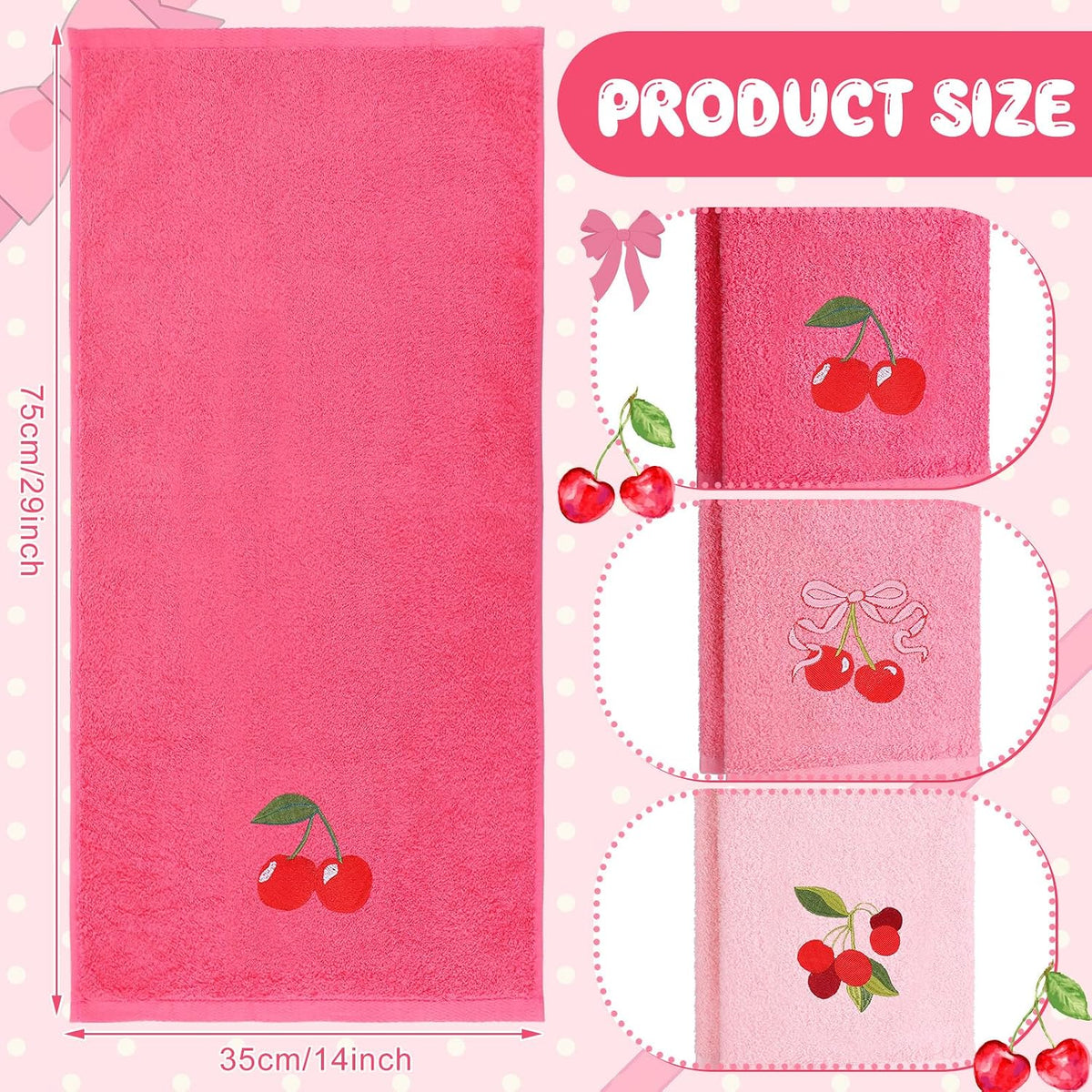 3 Pcs Pink Embroidered Hand Towels, Cotton Cherry