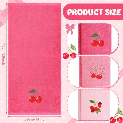 3 Pcs Pink Embroidered Hand Towels, Cotton Cherry
