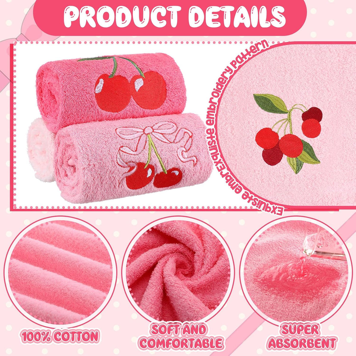 3 Pcs Pink Embroidered Hand Towels, Cotton Cherry