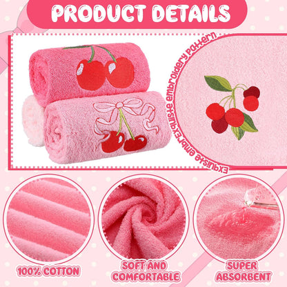 3 Pcs Pink Embroidered Hand Towels, Cotton Cherry