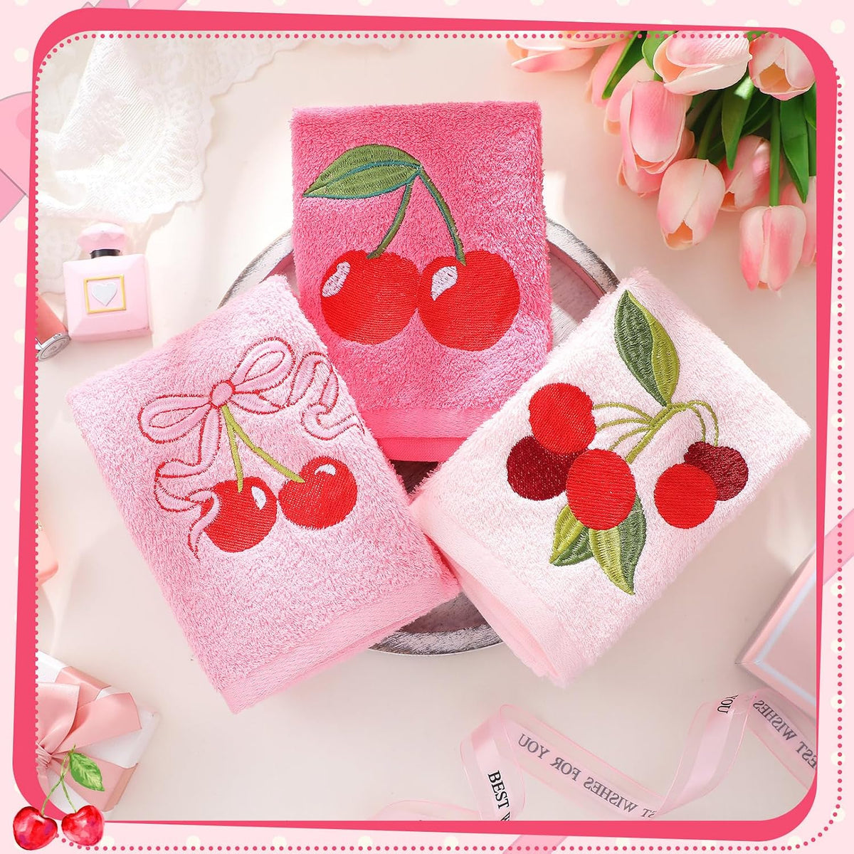 3 Pcs Pink Embroidered Hand Towels, Cotton Cherry