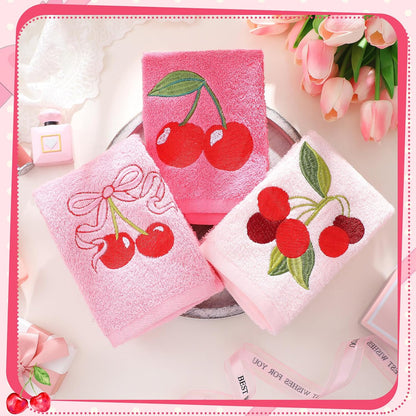 3 Pcs Pink Embroidered Hand Towels, Cotton Cherry