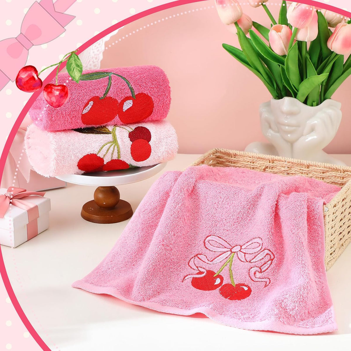 3 Pcs Pink Embroidered Hand Towels, Cotton Cherry