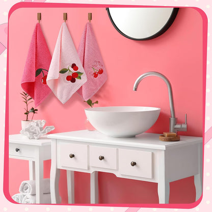 3 Pcs Pink Embroidered Hand Towels, Cotton Cherry