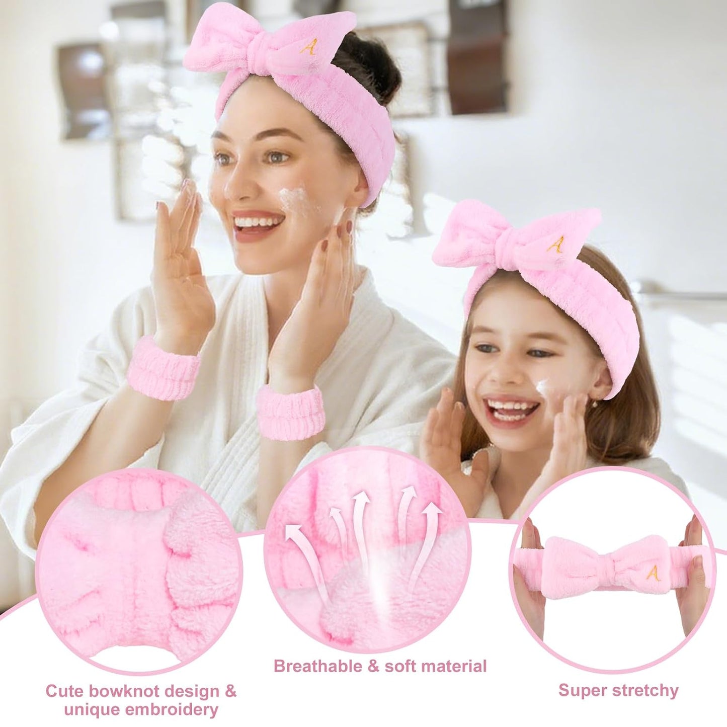 Wecoe Spa Headband & Wristband Set – Embroided Letter A Face Washing Makeup Hair Accessories, Trendy Gifts for Women & Girls, Bridesmaids & Bachelorette Parties, Self Care Essentials(Pink)