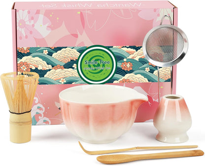 Matcha Whisk Set, 6 PCS Matcha Set-Ceramic Bowl, Matcha Whisk, Whisk Holder, Scoop, Spoon & Sifter, Complete Matcha Ceremony Kit Set (Pink)