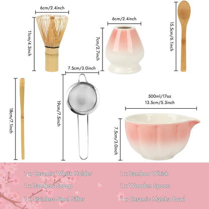 Matcha Whisk Set, 6 PCS Matcha Set-Ceramic Bowl, Matcha Whisk, Whisk Holder, Scoop, Spoon & Sifter, Complete Matcha Ceremony Kit Set (Pink)