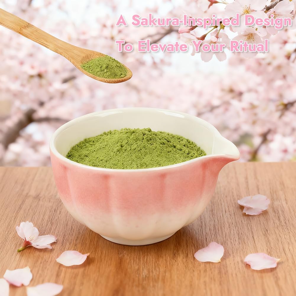 Matcha Whisk Set, 6 PCS Matcha Set-Ceramic Bowl, Matcha Whisk, Whisk Holder, Scoop, Spoon & Sifter, Complete Matcha Ceremony Kit Set (Pink)