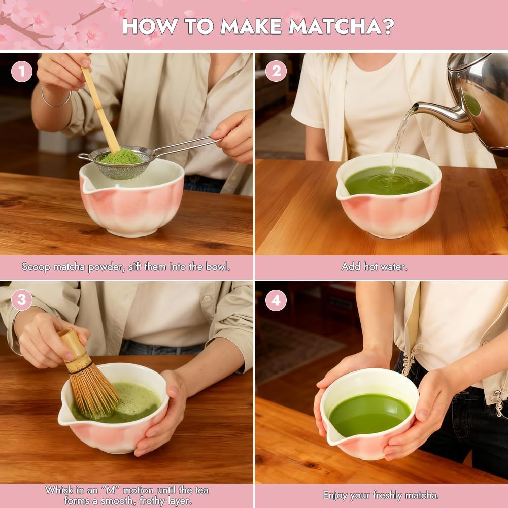 Matcha Whisk Set, 6 PCS Matcha Set-Ceramic Bowl, Matcha Whisk, Whisk Holder, Scoop, Spoon & Sifter, Complete Matcha Ceremony Kit Set (Pink)