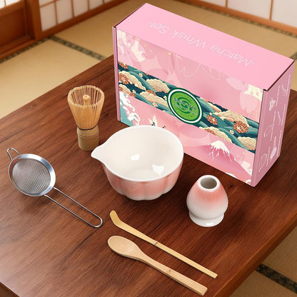 Matcha Whisk Set, 6 PCS Matcha Set-Ceramic Bowl, Matcha Whisk, Whisk Holder, Scoop, Spoon & Sifter, Complete Matcha Ceremony Kit Set (Pink)