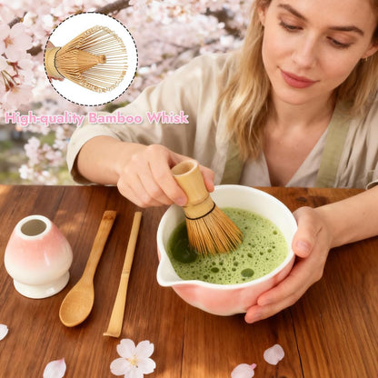 Matcha Whisk Set, 6 PCS Matcha Set-Ceramic Bowl, Matcha Whisk, Whisk Holder, Scoop, Spoon & Sifter, Complete Matcha Ceremony Kit Set (Pink)
