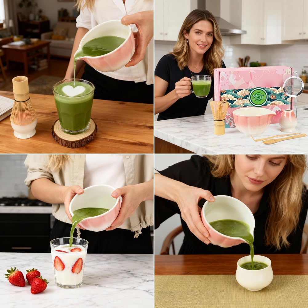 Matcha Whisk Set, 6 PCS Matcha Set-Ceramic Bowl, Matcha Whisk, Whisk Holder, Scoop, Spoon & Sifter, Complete Matcha Ceremony Kit Set (Pink)