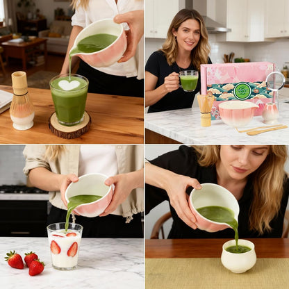 Matcha Whisk Set, 6 PCS Matcha Set-Ceramic Bowl, Matcha Whisk, Whisk Holder, Scoop, Spoon & Sifter, Complete Matcha Ceremony Kit Set (Pink)