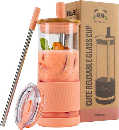 ® Glass Cups With Lids and Straws -20 Fl Oz- Perfect Size Iced Coffee Cup - Smoothie Cup With Bamboo Lid and On the go Lid (Peach Fuzz, 1 Count (Pack of 1)
