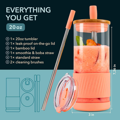® Glass Cups With Lids and Straws -20 Fl Oz- Perfect Size Iced Coffee Cup - Smoothie Cup With Bamboo Lid and On the go Lid (Peach Fuzz, 1 Count (Pack of 1)