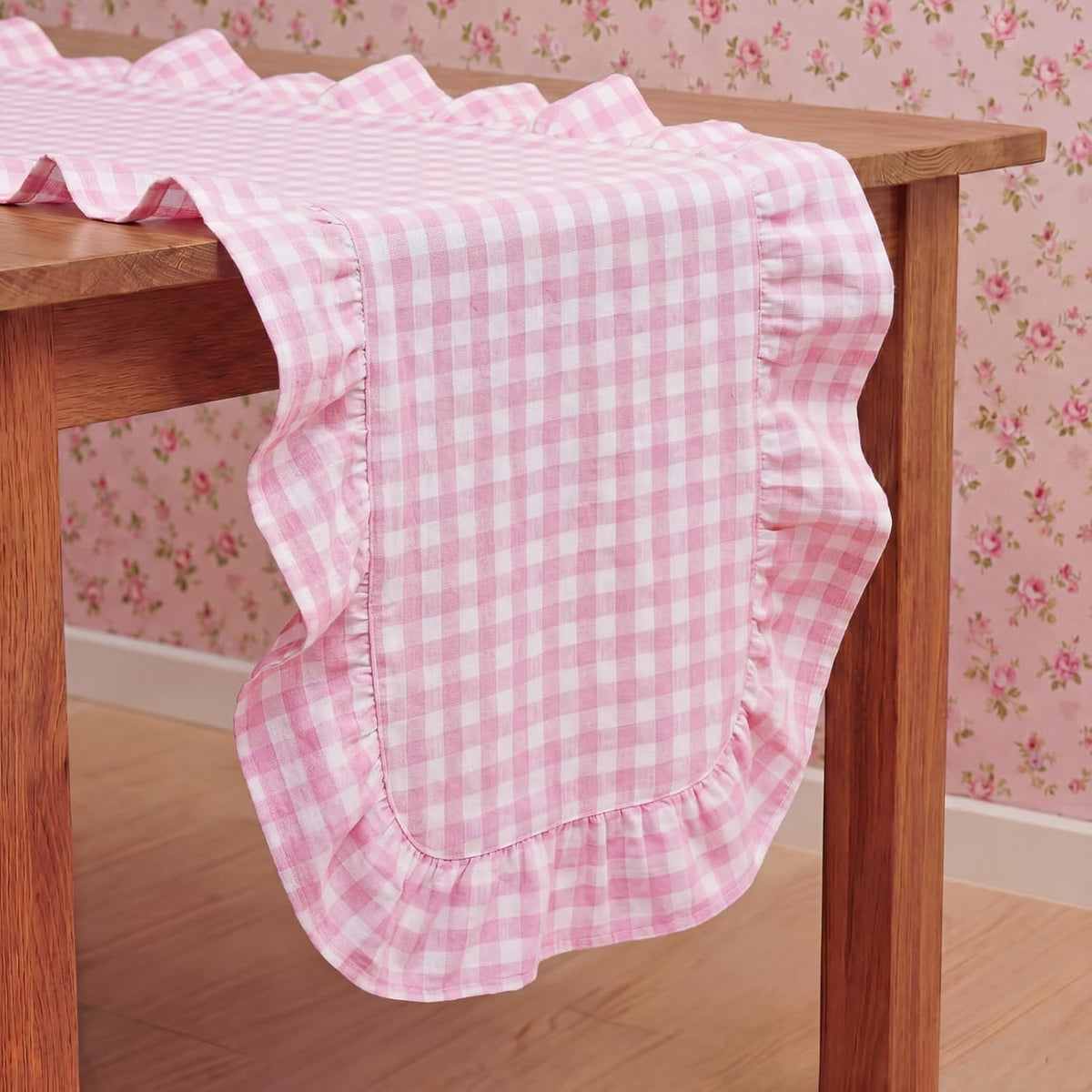 Pink Gingham Table Runner 12''x71'' Cotton Fabric Ruffle Checkered