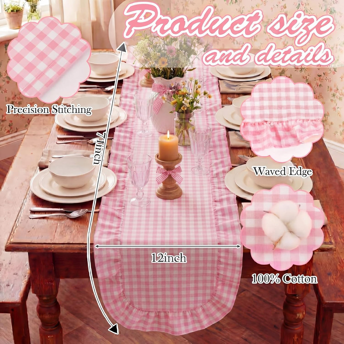 Pink Gingham Table Runner 12''x71'' Cotton Fabric Ruffle Checkered