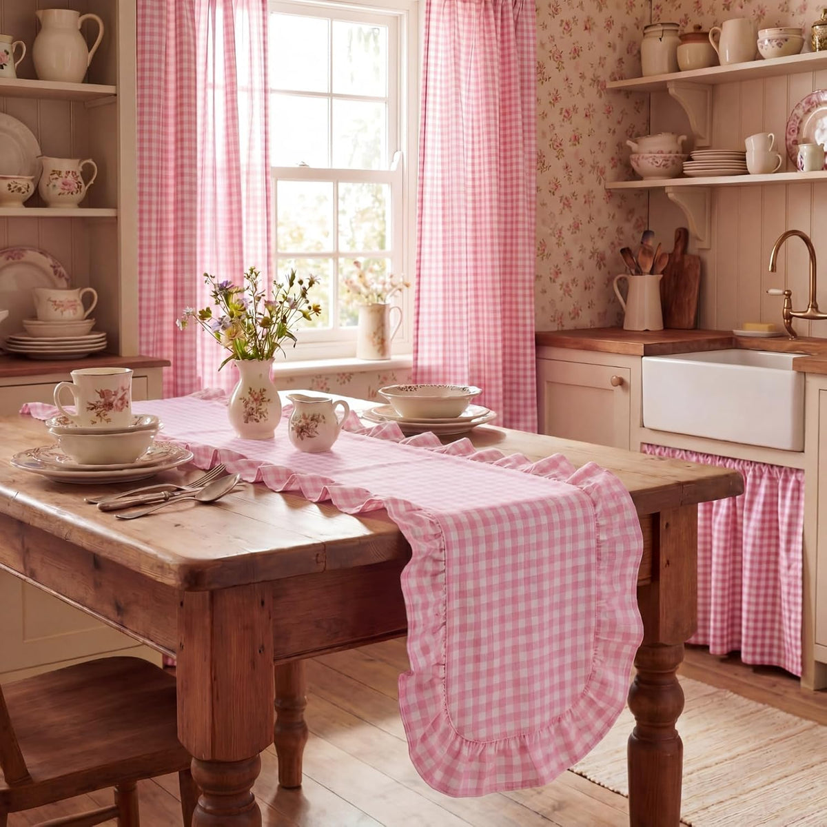 Pink Gingham Table Runner 12''x71'' Cotton Fabric Ruffle Checkered