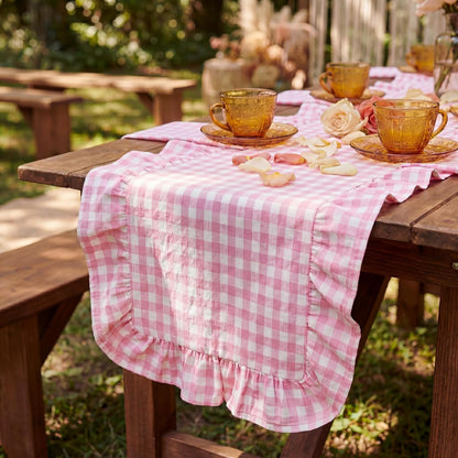 Pink Gingham Table Runner 12''x71'' Cotton Fabric Ruffle Checkered