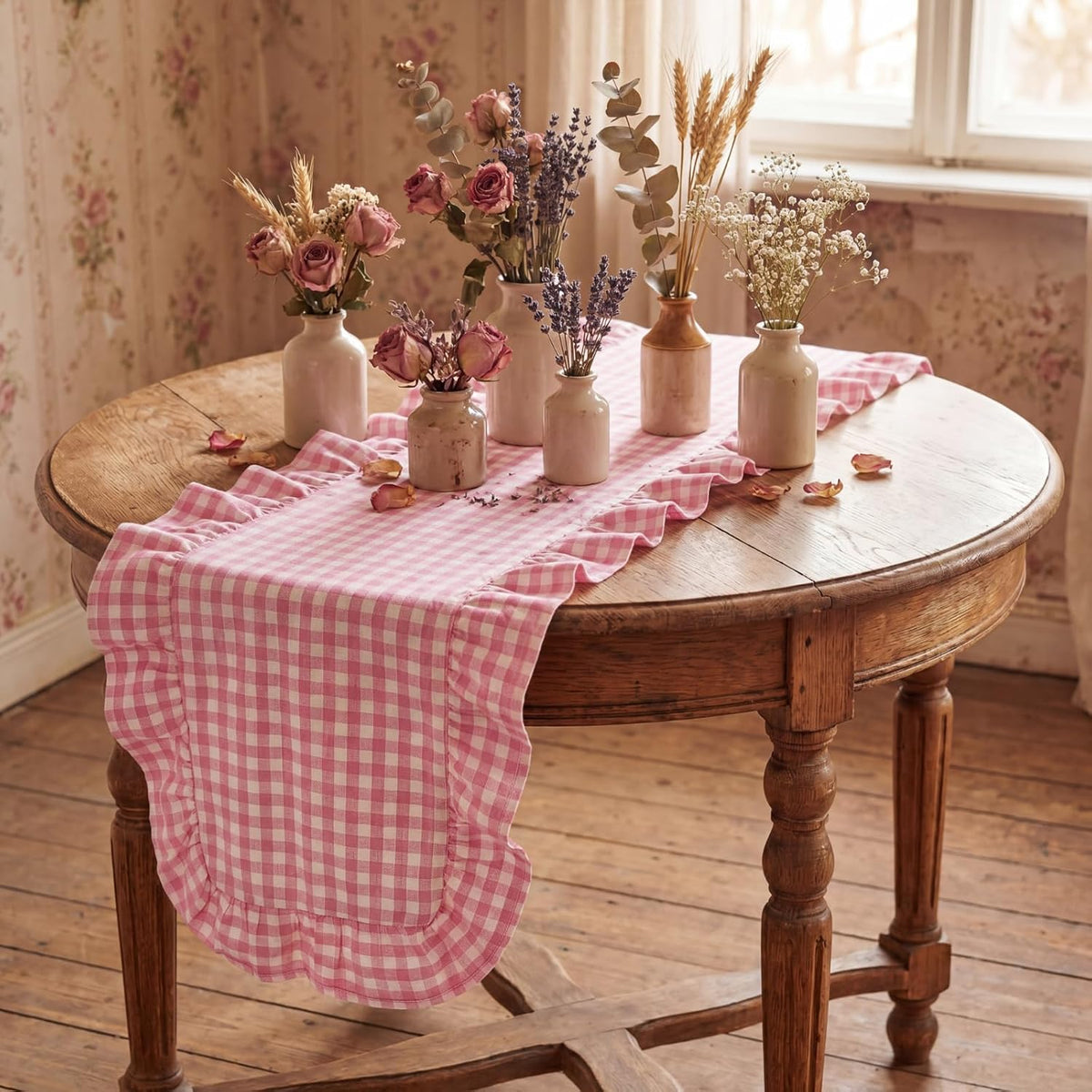 Pink Gingham Table Runner 12''x71'' Cotton Fabric Ruffle Checkered
