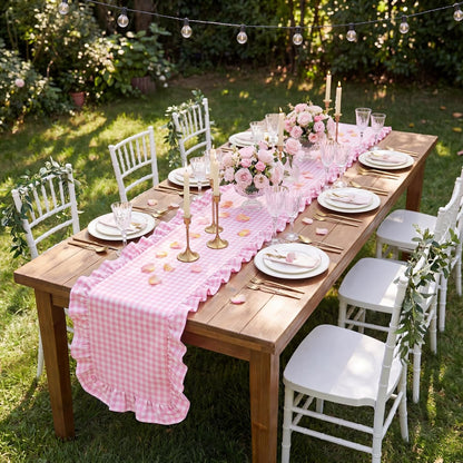 Pink Gingham Table Runner 12''x71'' Cotton Fabric Ruffle Checkered