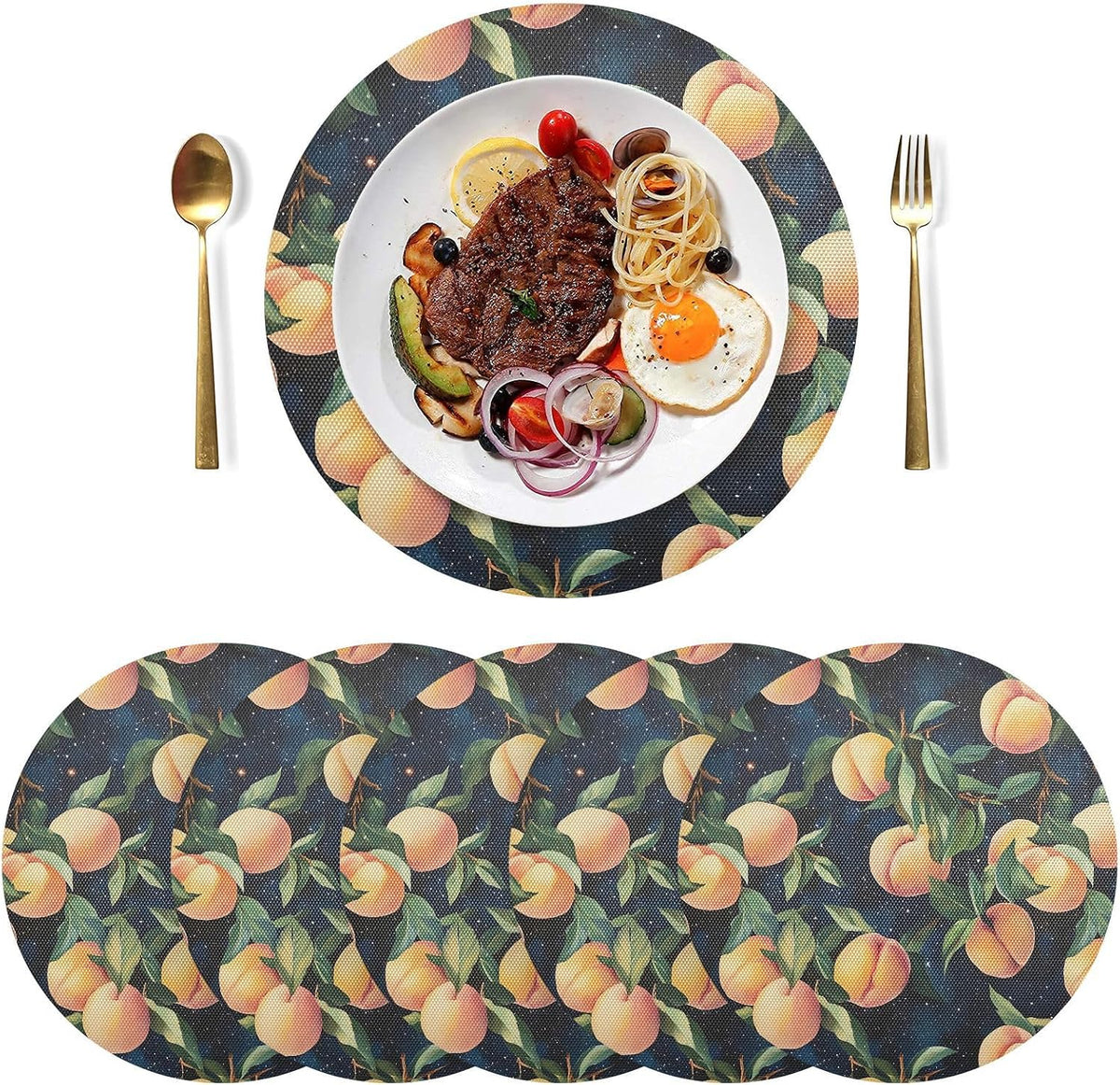 Peach Pattern Round Placemats, 6 Pack Heat Stain Scratch Resistant Table Placemats, Easy to Clean Table Mats for Dining Table 15.4 in