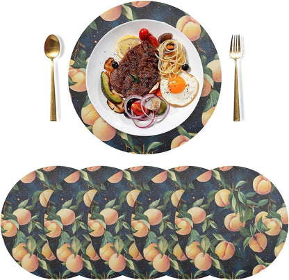 Peach Pattern Round Placemats, 6 Pack Heat Stain Scratch Resistant Table Placemats, Easy to Clean Table Mats for Dining Table 15.4 in