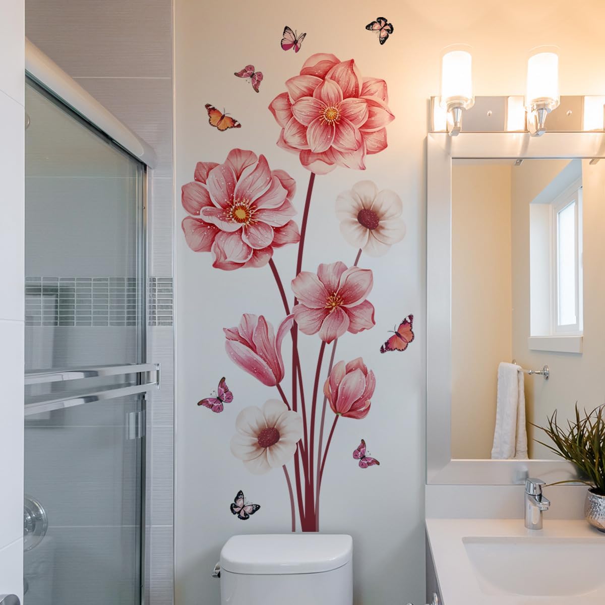 Pink Flower Wall Decals with Butterflies, Large Removable Floral Wall Stickers Peel and Stick for Bathroom Bedroom Decor