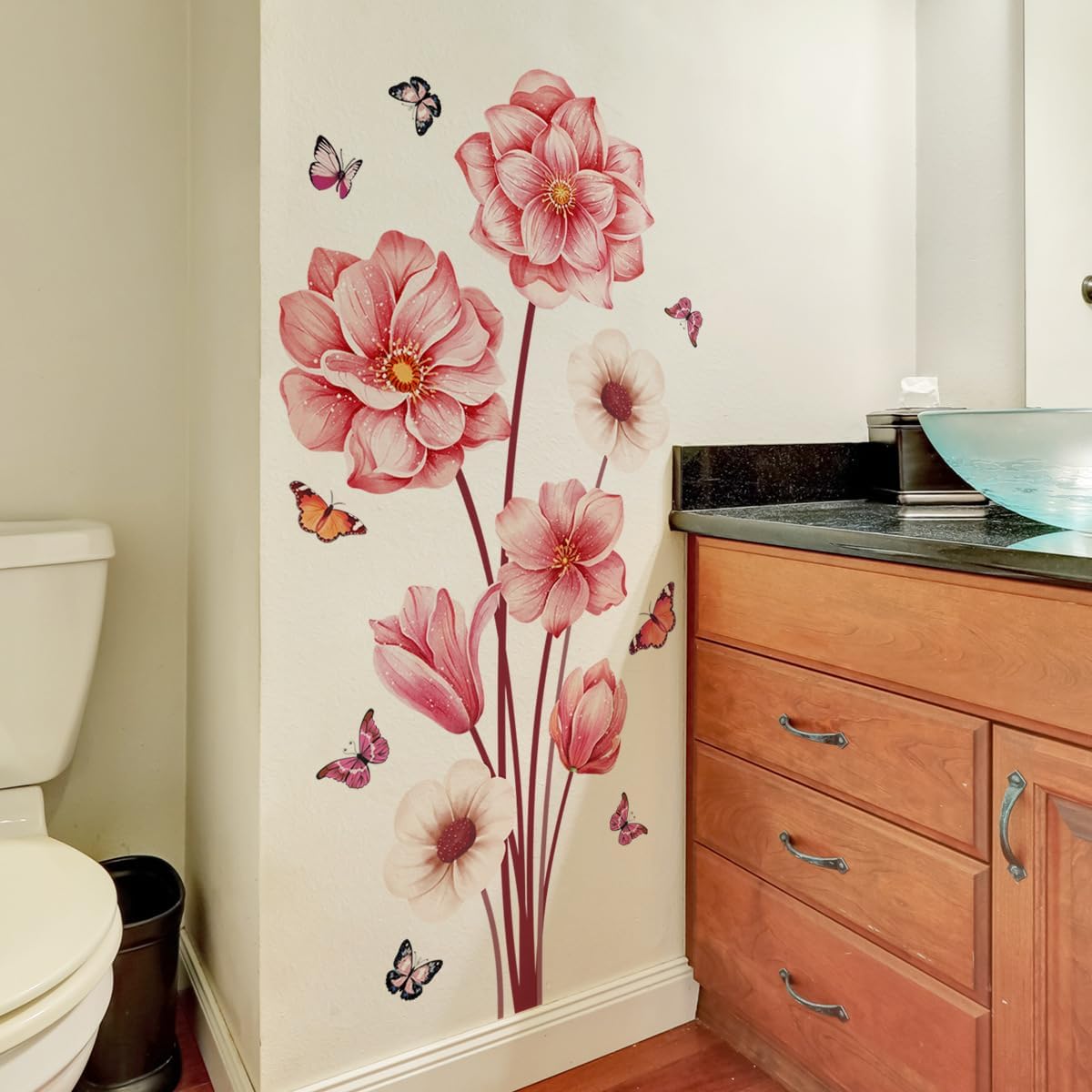 Pink Flower Wall Decals with Butterflies, Large Removable Floral Wall Stickers Peel and Stick for Bathroom Bedroom Decor