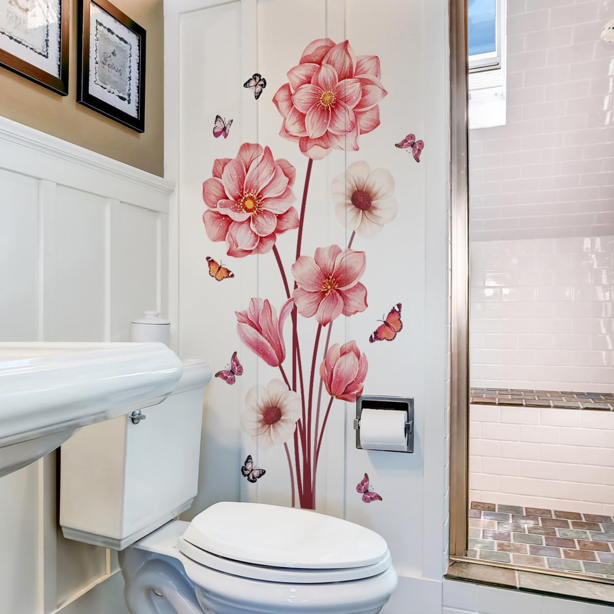 Pink Flower Wall Decals with Butterflies, Large Removable Floral Wall Stickers Peel and Stick for Bathroom Bedroom Decor