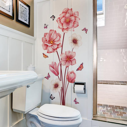 Pink Flower Wall Decals with Butterflies, Large Removable Floral Wall Stickers Peel and Stick for Bathroom Bedroom Decor