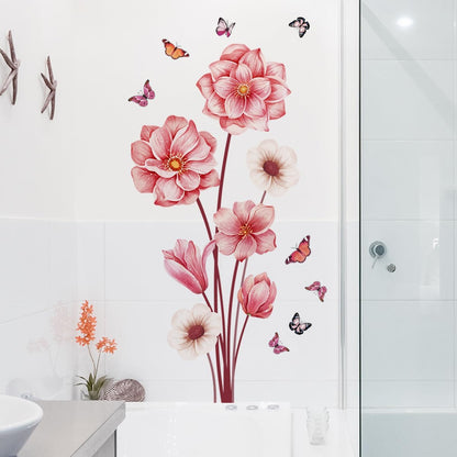 Pink Flower Wall Decals with Butterflies, Large Removable Floral Wall Stickers Peel and Stick for Bathroom Bedroom Decor