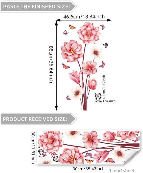 Pink Flower Wall Decals with Butterflies, Large Removable Floral Wall Stickers Peel and Stick for Bathroom Bedroom Decor