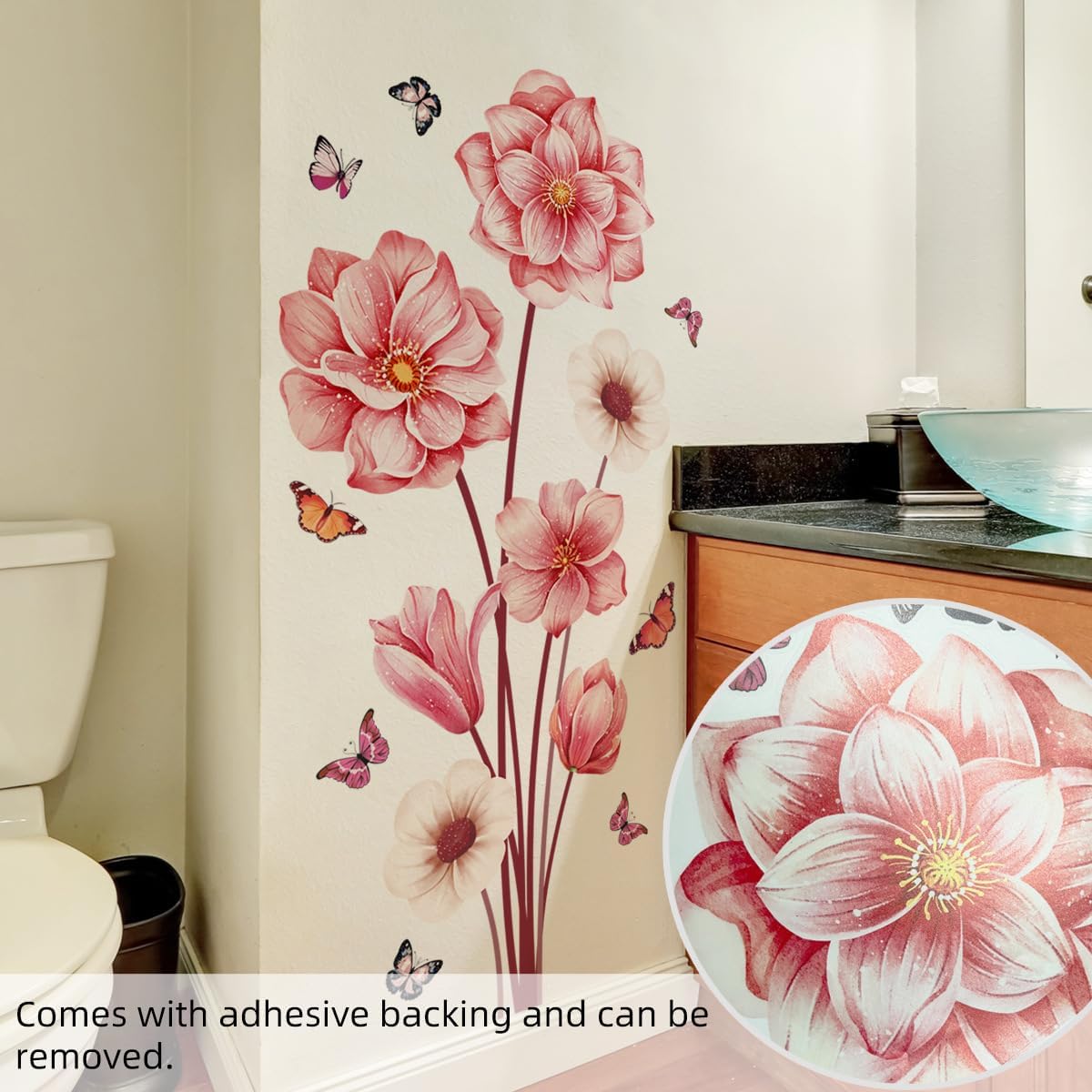 Pink Flower Wall Decals with Butterflies, Large Removable Floral Wall Stickers Peel and Stick for Bathroom Bedroom Decor