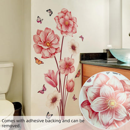 Pink Flower Wall Decals with Butterflies, Large Removable Floral Wall Stickers Peel and Stick for Bathroom Bedroom Decor
