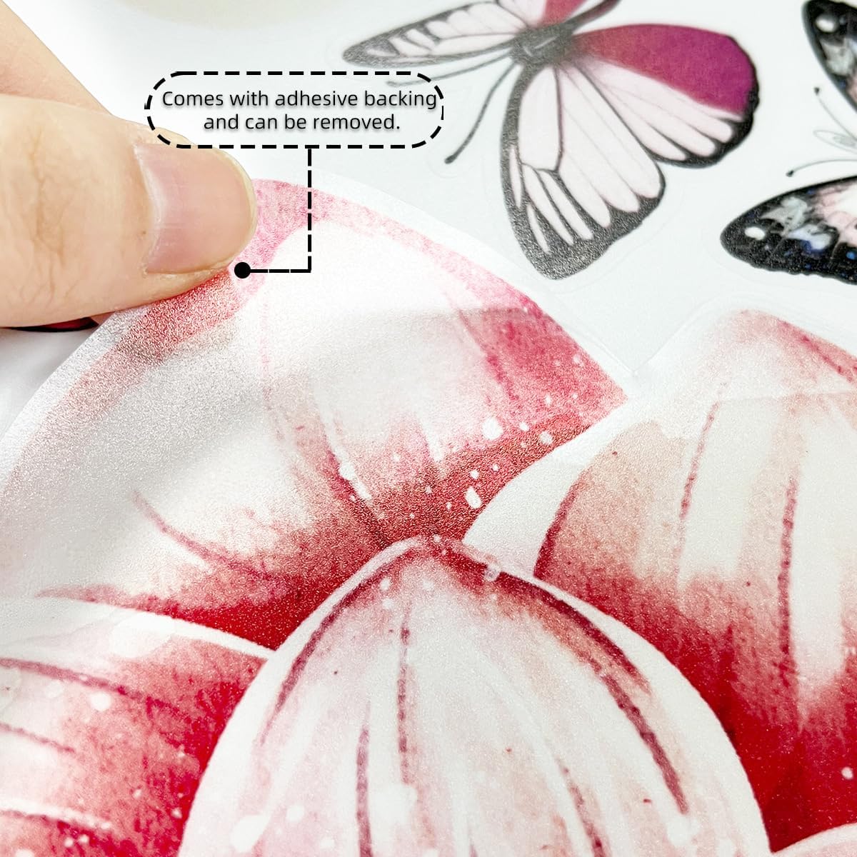 Pink Flower Wall Decals with Butterflies, Large Removable Floral Wall Stickers Peel and Stick for Bathroom Bedroom Decor