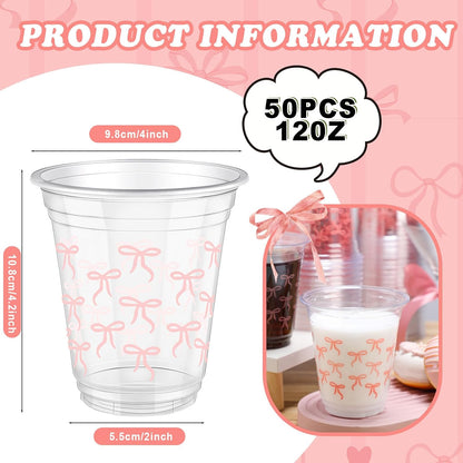 50 Pcs Pink Bow Snack Cups 12 oz Bow Plastic Cups