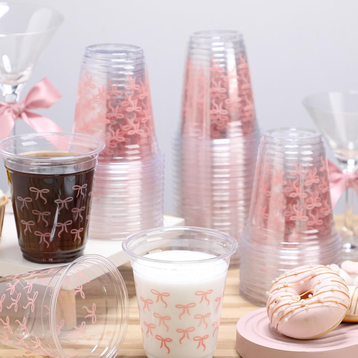 50 Pcs Pink Bow Snack Cups 12 oz Bow Plastic Cups