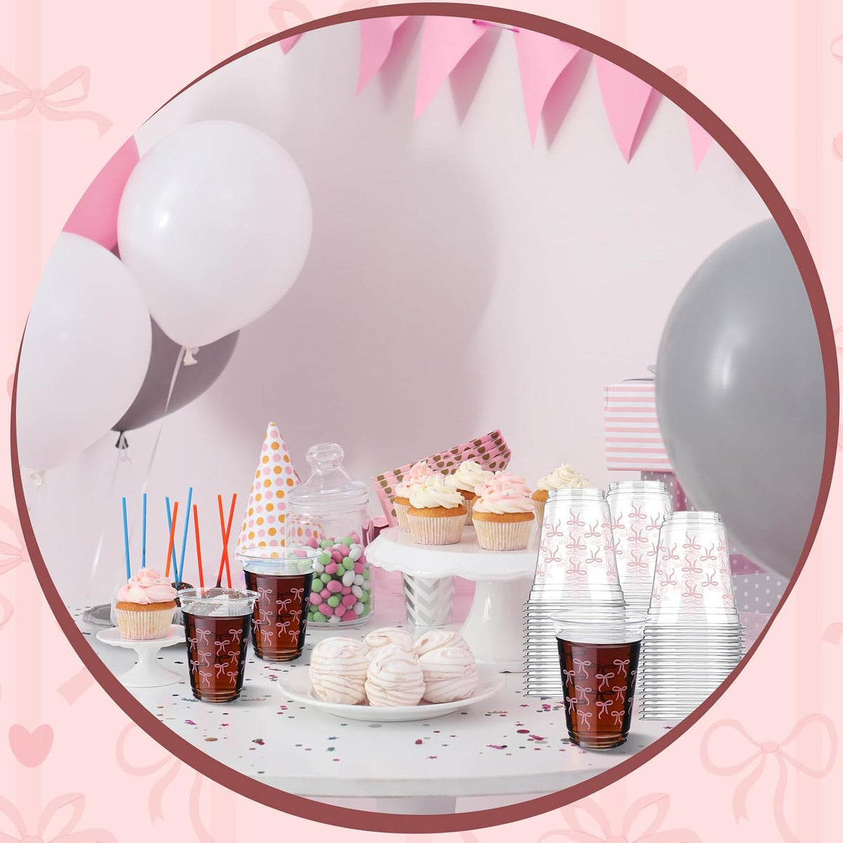 50 Pcs Pink Bow Snack Cups 12 oz Bow Plastic Cups