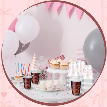 50 Pcs Pink Bow Snack Cups 12 oz Bow Plastic Cups