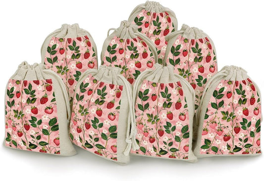 JWSDKNJ 8 Pcs Drawstring Gift Bags 4.9" X 6.7" Peach Strawberry Print Jewelry Pouches Shiny Wedding Party Favor Bags Reusable for Party, Christmas, DIY Craft
