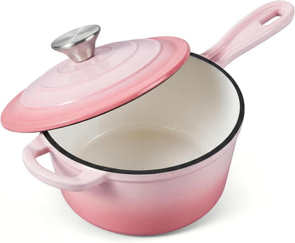 Cast Iron Sauce Pan Pot, 2QT Small Saucepan with Lid, Enameled Cast Iron Dutch Oven Cooking Kitchen Pot – Pink
