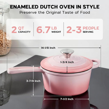 Cast Iron Sauce Pan Pot, 2QT Small Saucepan with Lid, Enameled Cast Iron Dutch Oven Cooking Kitchen Pot – Pink