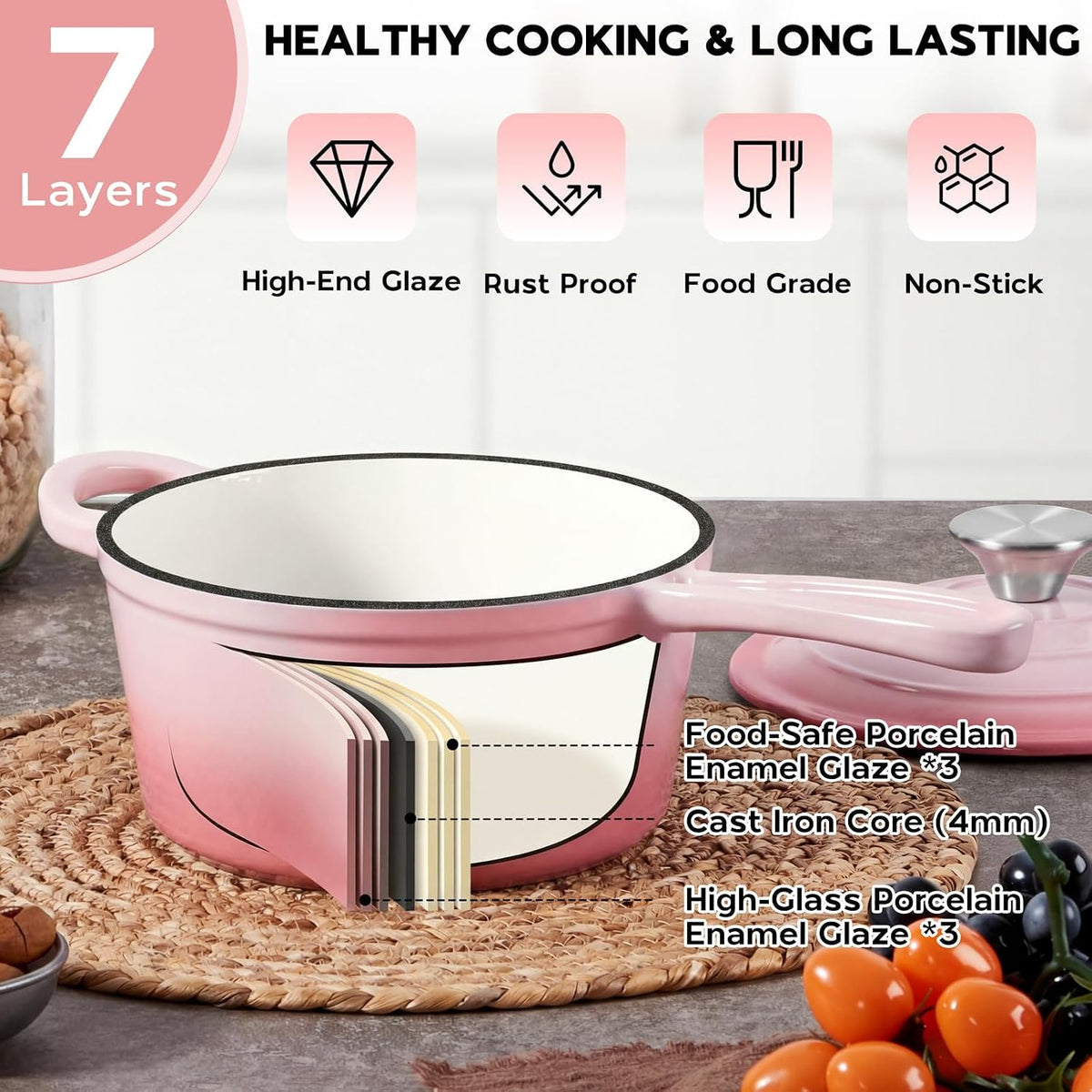 Cast Iron Sauce Pan Pot, 2QT Small Saucepan with Lid, Enameled Cast Iron Dutch Oven Cooking Kitchen Pot – Pink