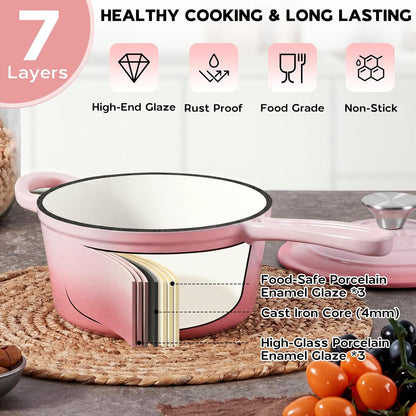 Cast Iron Sauce Pan Pot, 2QT Small Saucepan with Lid, Enameled Cast Iron Dutch Oven Cooking Kitchen Pot – Pink