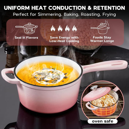 Cast Iron Sauce Pan Pot, 2QT Small Saucepan with Lid, Enameled Cast Iron Dutch Oven Cooking Kitchen Pot – Pink